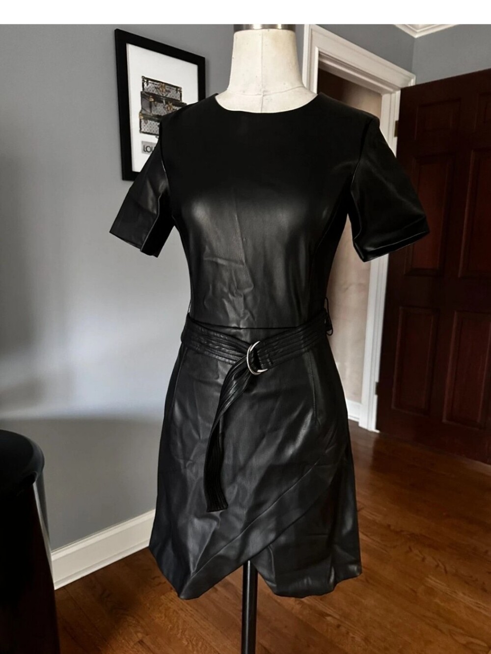 MNG Casual black faux-leather wrap dress with short sleeves NWOT Size XS